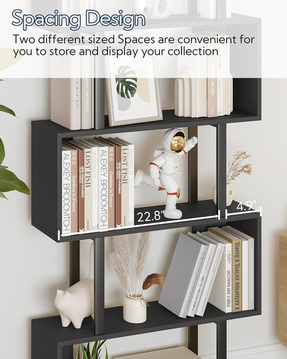S Shaped Bookshelf, Modern Geometric Bookcase, 6-Tier Black Display Case Book Shelf