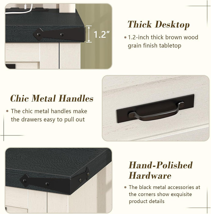 Farmhouse Computer Desk with Drawers, 47" Small Computer Desk with Power Outlets, Home Office Desk with Monitor Stand & 4 Drawers, Writing Study Table, Black & White