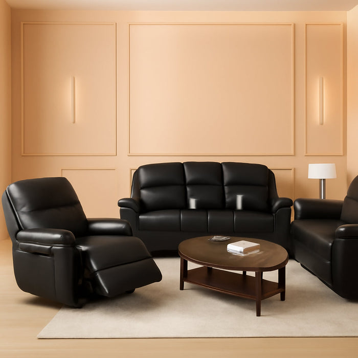 Manual Recliner Sofa Set, Bonded Leather Sofa with Recliners, Reclining Couch Set with Storage Console and Cup-Holders for Living Room/House/Bedroom/Office/Apartment (Black / 3 Pieces Set)