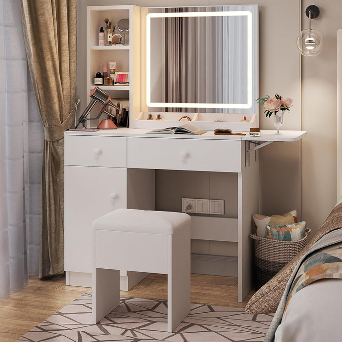 White Vanity Desk with Mirror and Lights, Makeup Vanity with Charging Station and 3 Lighting Modes, Dressing Table Set with Storage Cabinet, Drawers and Chair for Girls Bedroom