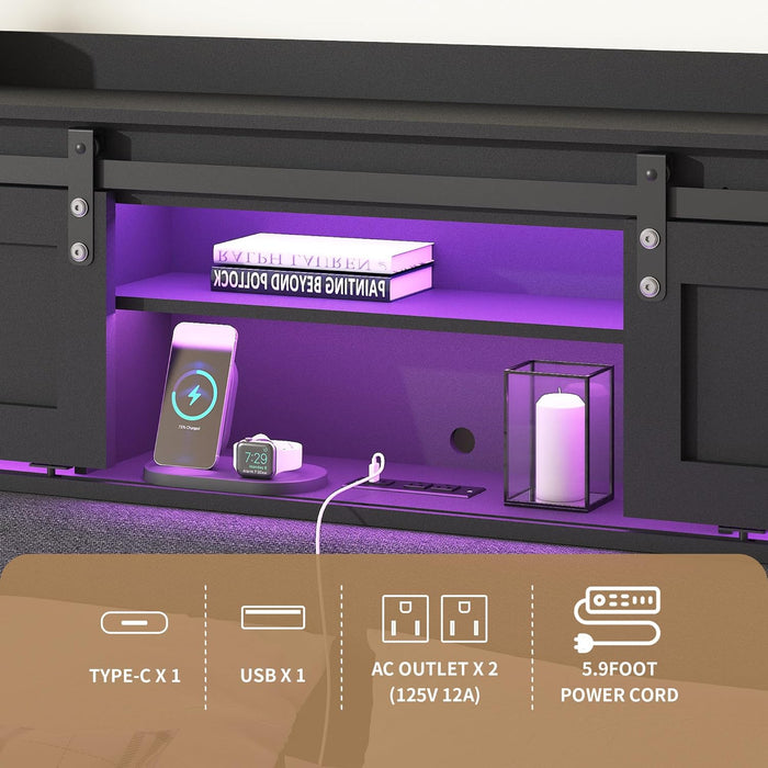 Queen Size Headboard Only with Storage, Upholstered Headboard with Charging Station and LED Light, Sturdy and Stable, Easy to Assemble (Black+Barn Door, Queen)