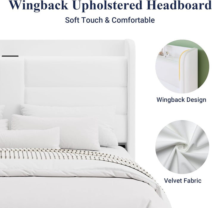 Full Size Platform Bed Frame with Charging Station & Storage Headboard, Upholstered Velvet Wingback Design & USB Port, Strong Wooden Slats Support, No Box Spring Needed, Easy Assembly, White