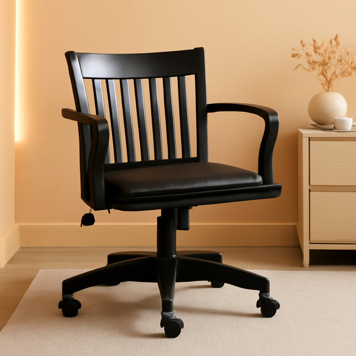 OSP Home Furnishings Deluxe Wood Banker'S Desk Chair with Padded Seat, Adjustable Height and Locking Tilt, Black Finish and Black Vinyl