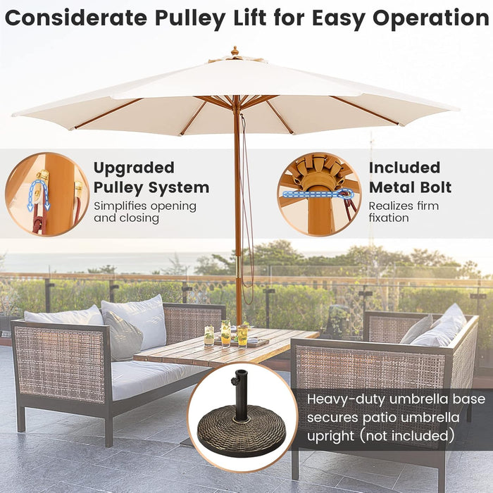 10FT Patio Umbrella, Outdoor Table Market Umbrella W/8 Wooden Ribs, 3 Adjustable Heights, Rope Pulley System, Detachable Pole, Wooden Patio Umbrella for Garden, Poolside, Backyard (Beige)