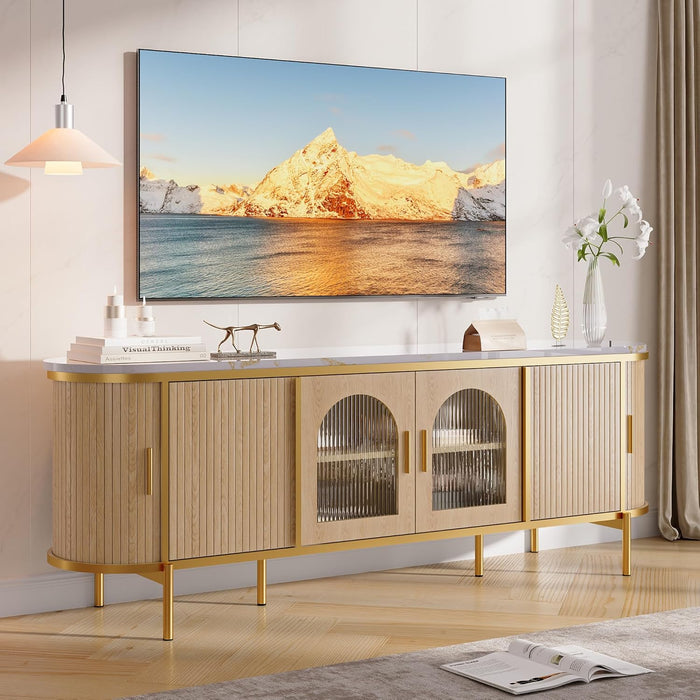 70" Modern Fluted TV Stand, Entertainment Center with Reeded Glass Door, Ajustable Shelves & Sliding Doors, TV Console with Large Storage Space, Media Console for Living Room, Oak