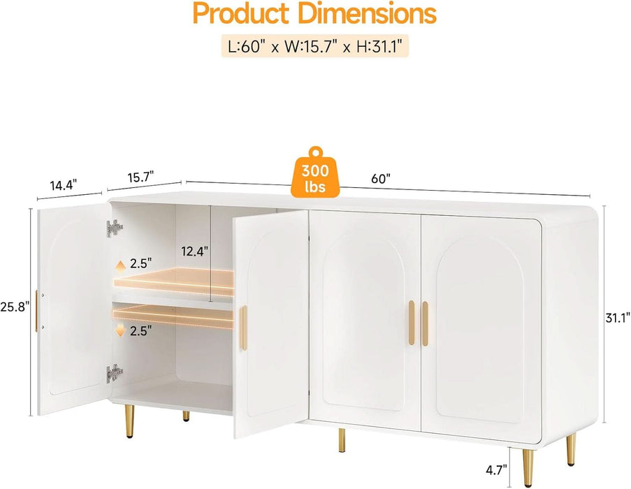 60" Sideboard Buffet Cabinet, Large Credenza Storage Cabinet, White