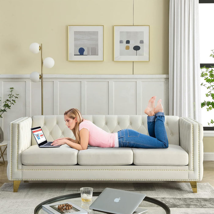 80-Inch Couches + 58-Inch Loveseat Sofa Set for Living Room, Modern Button Tufted Velvet Upholstered Sofa Couch with Square Armrests Inlaid with Gold Nail Heads and 4 Golden Metal Legs, Beige