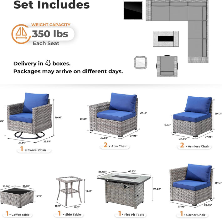 9 Pieces Patio Furniture Set, Outdoor Wicker Sectional Sofa with 42" Fire Pit Table Swivel Chair, Modern Modular Deep Seat Rattan Couch Conversation Sets, Navy Blue