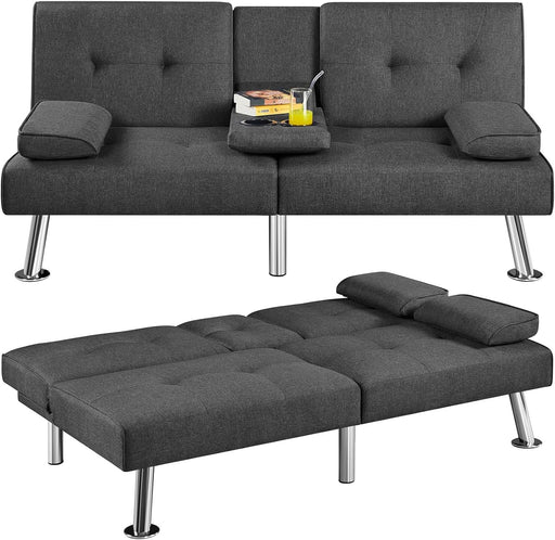 Convertible Sofa Bed Adjustable Fabric Couch Sleeper Modern Recliner Reversible Loveseat Folding Daybed Guest Bed, Removable Armrests, Cup Holders, 3 Angles, 772Lb Capacity, Dark Gray