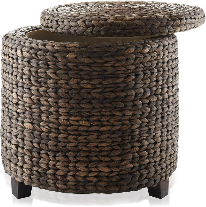 17" round Storage Ottoman with Lid - Espresso, Handwoven Water Hyacinth Footstool for Living Room, Bedroom, Bathroom, Home Office