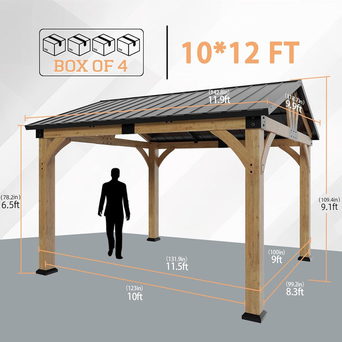 10X12 Ft Cedar Wood Gazebo, Hardtop Gazebo with Galvanized Steel Peak Roof, Outdoor Pavilion for Garden, Backyard, Patio, Deck