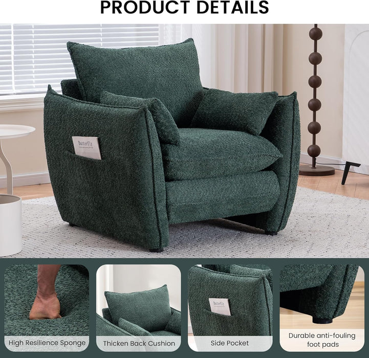 Chenille Oversized Accent Chairs, Modern Oversized Armchair with Removable Pillow, Comfy Living Room Chair with Side Pocket Storage for Bedroom, Office, Green