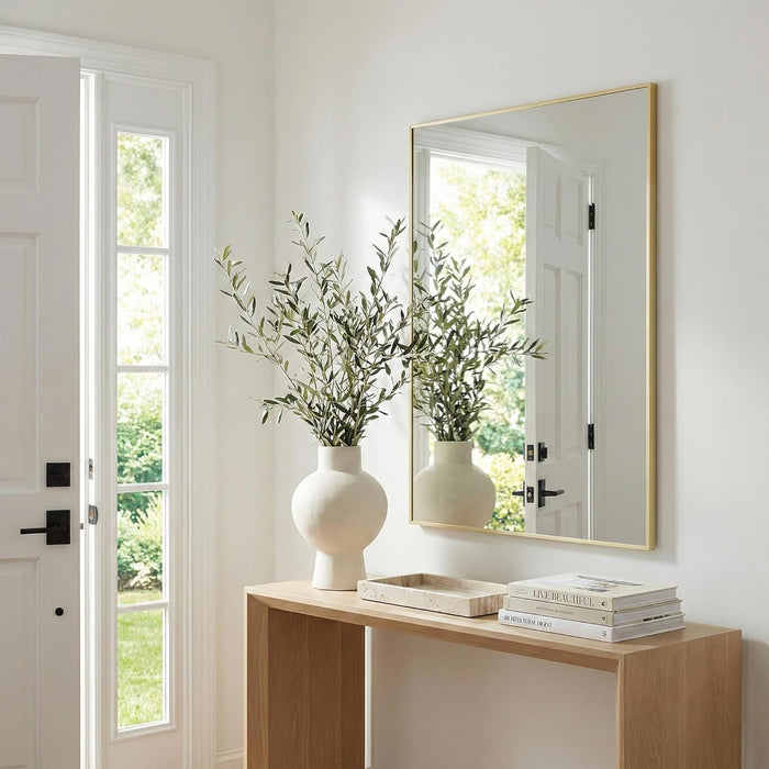 40"X30" Gold Bathroom Mirror for Wall, Shatterproof Tempered Glass, Brass Tone Rectangle Narrow Frame, H/V Wall-Mounted, Ultra-Flush