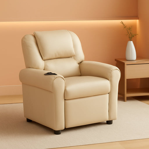 Vana Vinyl Kids Recliner with Cup Holder, Headrest, and Safety Recline, Contemporary Reclining Chair for Kids, Supports up to 90 Lbs., Beige
