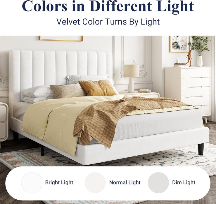 Queen Bed Frame/Velvet Upholstered Bed Frame with Vertical Channel Tufted Headboard/Strong Wooden Slats/Platform Bed Frame/Mattress Foundation/Box Spring Optional/Easy Assembly/White