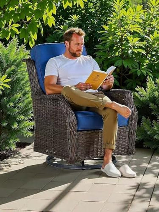 Patio Swivel Rocker Outdoor Chairs of 2 with Side Table, High Back and 6-Inch Thick Cushions, Wicker Swivel Glider Chairs for Porch, Deck, Poolside, Brown/Blue