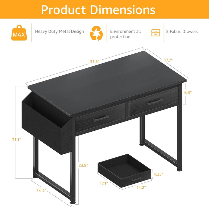32 Inch Small Desk with Drawers, Black