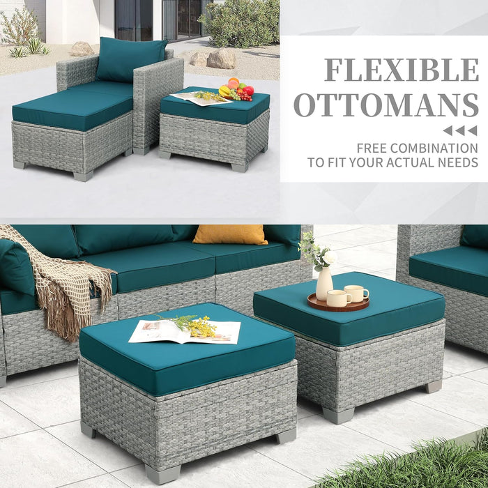 Patio Furniture Set 6 Piece Outdoor Patio Set Grey Wicker Balcony Furniture Conversation Sets PE Rattan Couch Sofa with Coffee Table, Peacock Blue Cushion