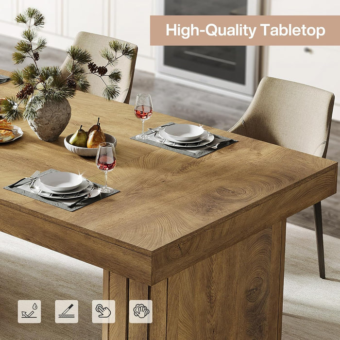 70.9" Large Dining Table for 6-8 People, Farmhouse Kitchen Table with Wooden Tabletop, Rustic Rectangular Dinner Furniture with Robust Double Pedestal for Dining Room, Kitchen, Brown