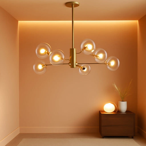 8-Light Globe Sputnik Chandelier Modern Gold Sputnik Chandelier Mid Century Globe Pendant Light Brushed Brass Finished with Clear Glass Lampshade Chandeliers for Kitchen Bedroom