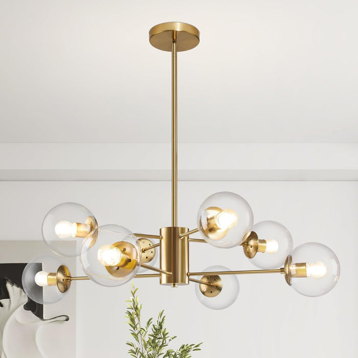 8-Light Globe Sputnik Chandelier Modern Gold Sputnik Chandelier Mid Century Globe Pendant Light Brushed Brass Finished with Clear Glass Lampshade Chandeliers for Kitchen Bedroom