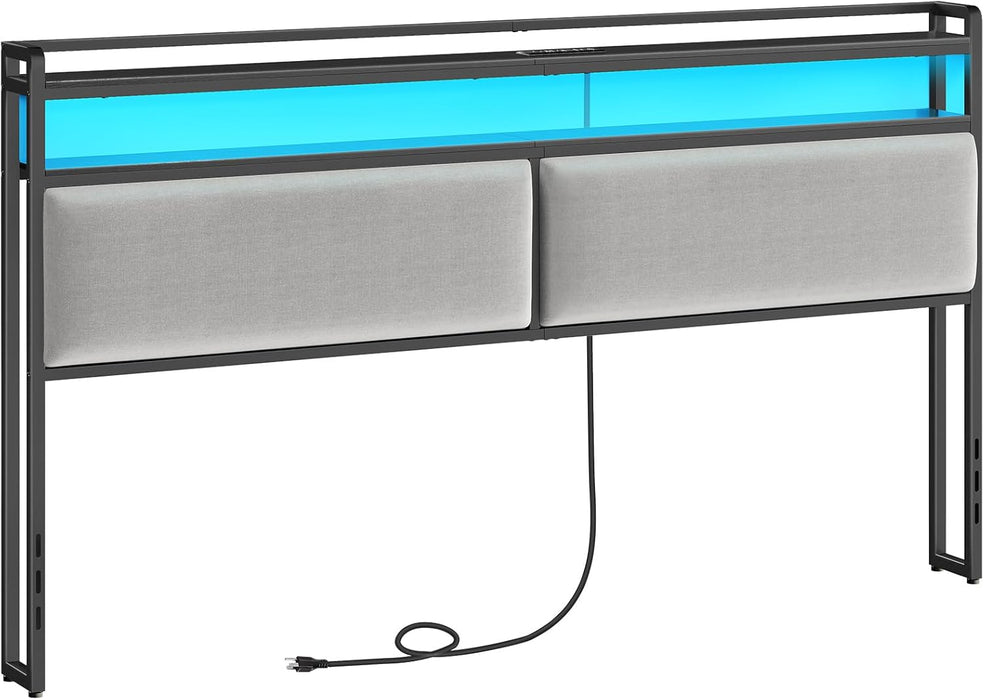 King Size Upholstered Headboard, Storage Headboard with Charging Station and Adjustable LED Lights, 2 Standard Outlets and 2 USB Ports, King Headboard Only, Easy Assembly, Black and Gray