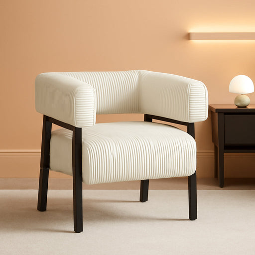 Corduroy Barrel Accent Chair, Modern Upholstered Armchair with Solid Wood Legs, Cozy Leisure Chair with Pocket Coiled Seat for Living Room, Bedroom, Reading Nook Beige