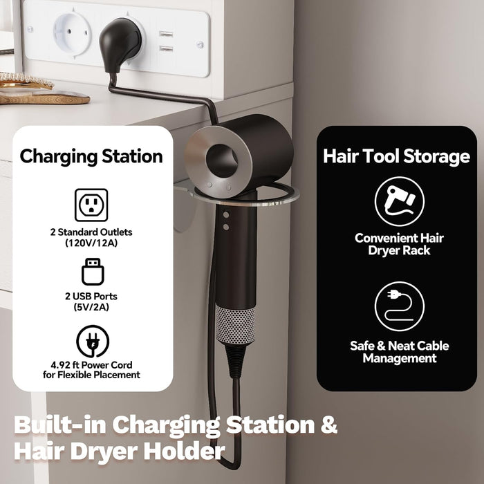 White Makeup Vanity Desk with Mirror and Lights, Vanity Table Set with Charging Station, Dressing Table with Stool, 2 Drawers, Open Shelves, Power Outlets & USB Ports, Vanity Desk with RGB Cabinets