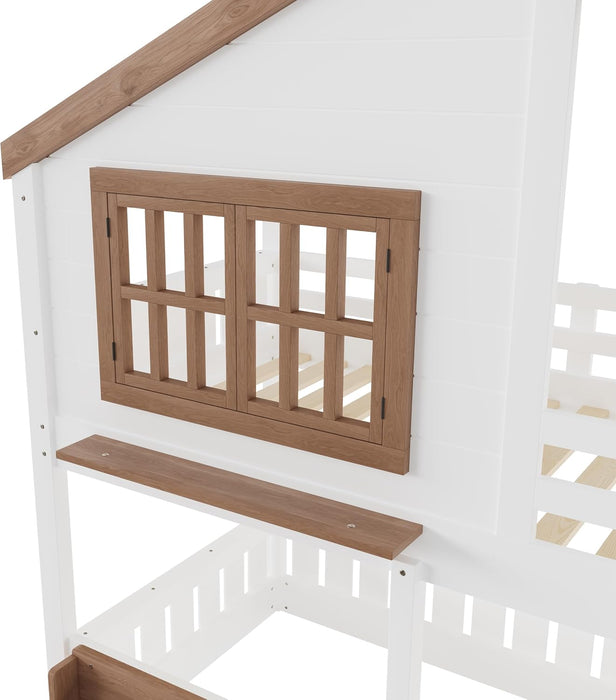 Twin Bunk Bed With Bookshelves Beige LinenFinishPremium
