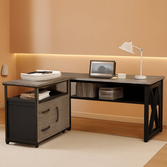 55" Executive Computer Desk and Lateral File Cabinet, L-Shaped Office Desk for Home Office, Furniture Set, Grey
