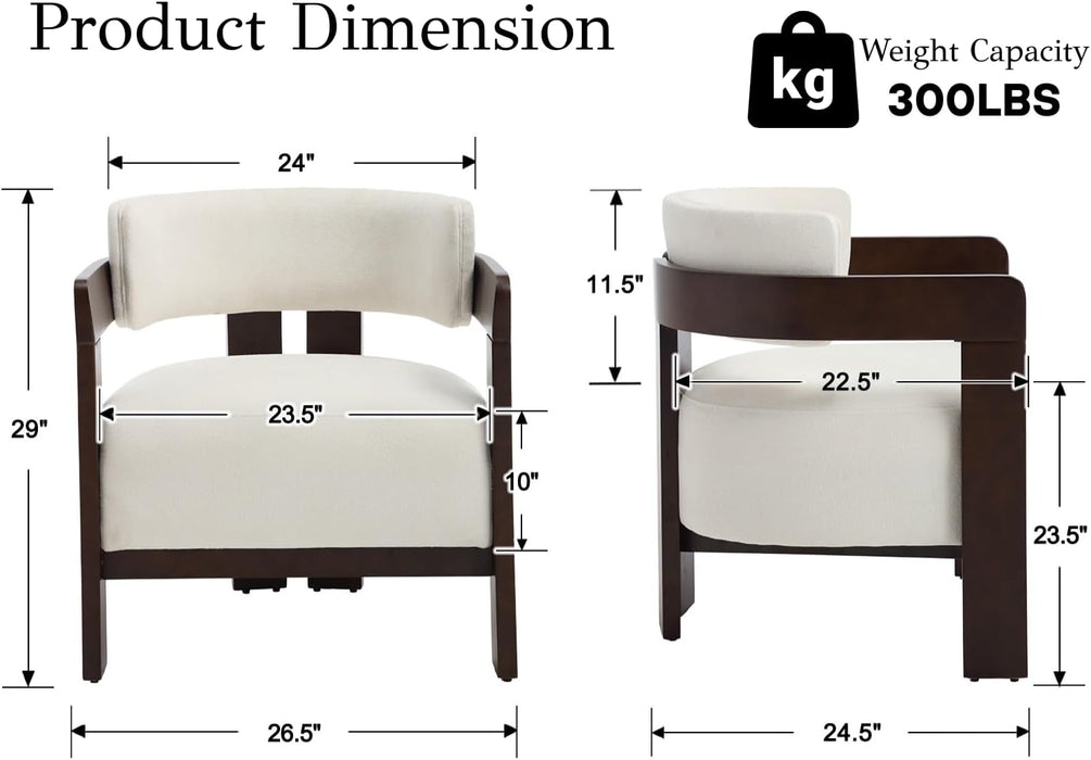 Barrel Accent Chairs Set of 2 Modern Comfy Living Room Chairs with Wooden Legs Mid Century Upholstered Lounge Reading Armchairs for Bedroom/Indoor Reading Nook/Corner/Office, White