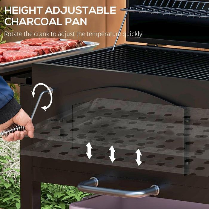 Charcoal Grill, Portable BBQ with Adjustable Height, Folding Shelves, Thermometer, Bottle Opener and Wheels, Barbecue for Outdoor Camping, Picnic, Patio, Backyard, Black