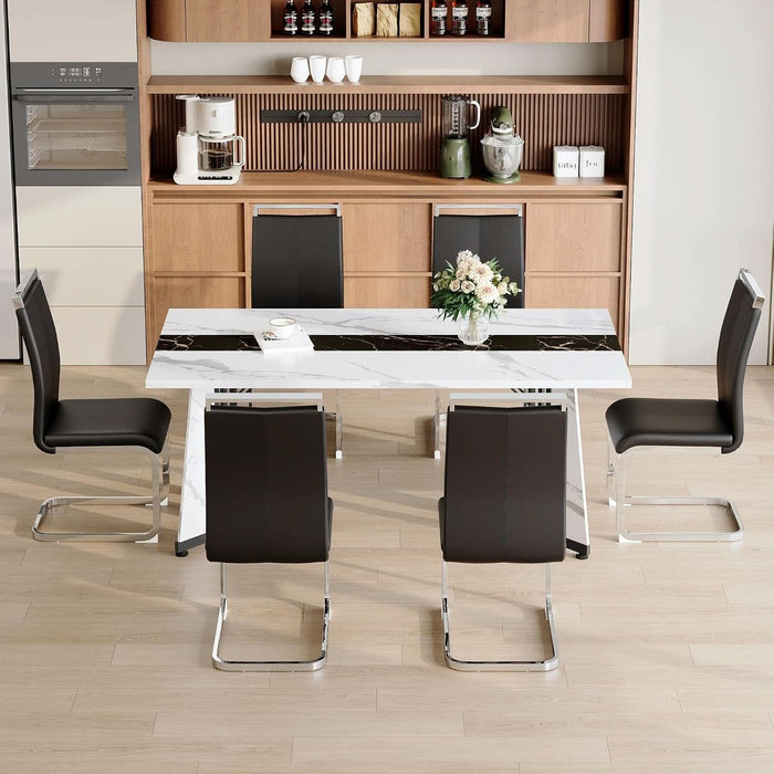 Dining Table Set for 6,White Marble 71'' Dining Room Table with Spacious Legroom and Black Leather Dining Chairs,Easy Assembley,7 Pieces Kitchen Table and Chairs for Dining Room,Restaurant
