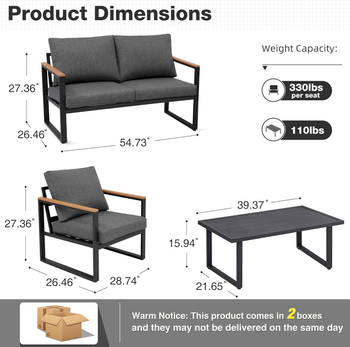 Patio Furniture Set, 4 Pieces Outdoor Patio Furniture with Table Set, Metal Patio Conversation Sets with Washable and High-Resiliency Sponge Cushions, Grey