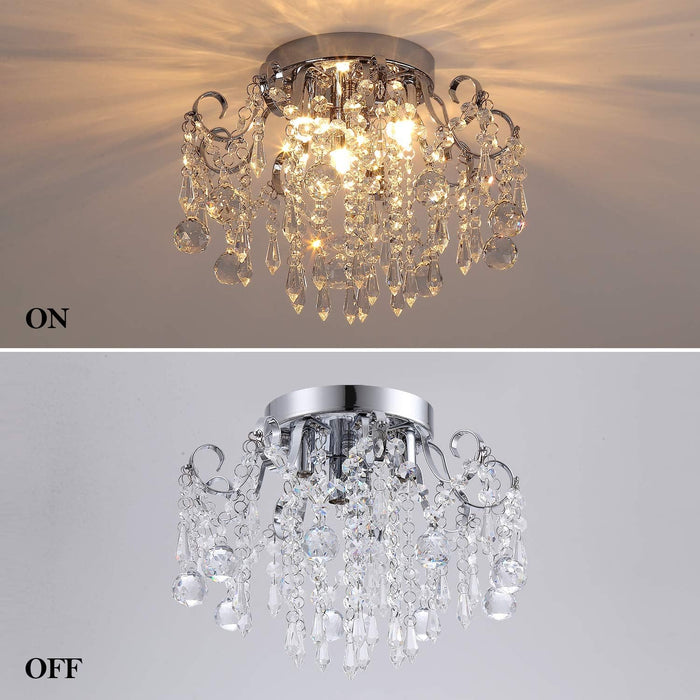 Small Crystal Chandelier Flush Mount Ceiling Light 3 Lights Modern Chrome Iron Raindrop Crystal Ceiling Fixture for Bedroom Hallway Closet Entryway Stairs