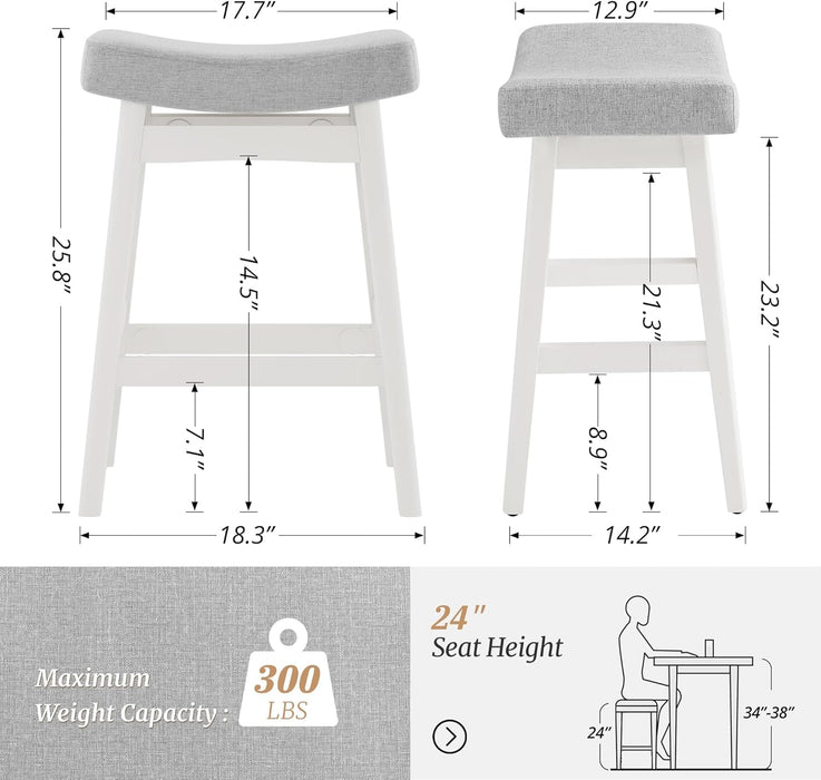 Bar Stools Set of 2, Barstools with Sturdy Wood Legs, Saddle Seat Counter Height Bar Stools for Kitchen Counter, Bar, Dining, 24 Inch Farmhouse Counter Stools, Light Gray