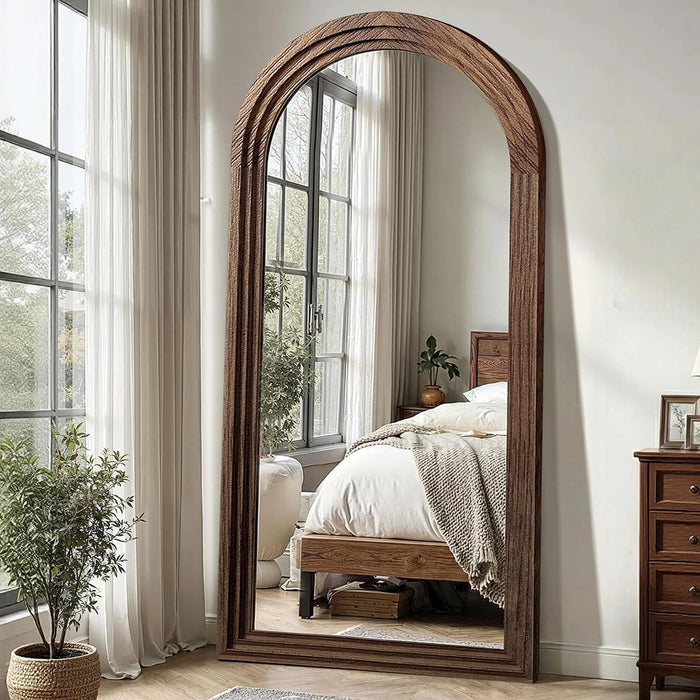 Arched Full Length Mirror with Stand, 75X35 Brown Wood Floor Mirror