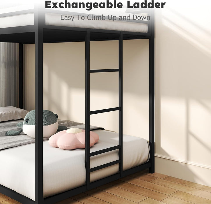 Twin over Twin Bunk Bed, Metal Low Profile Bunkbeds with Full-Length Guardrail and Ladder, Space Saving, No Boxing Spring Needed, Black