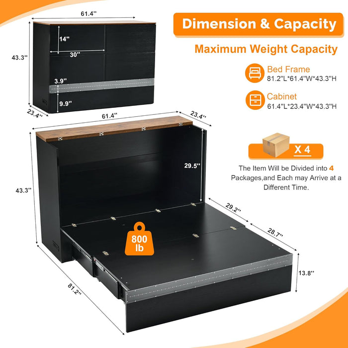 Queen Murphy Bed With Black IntegratedChargingStations LedLighting