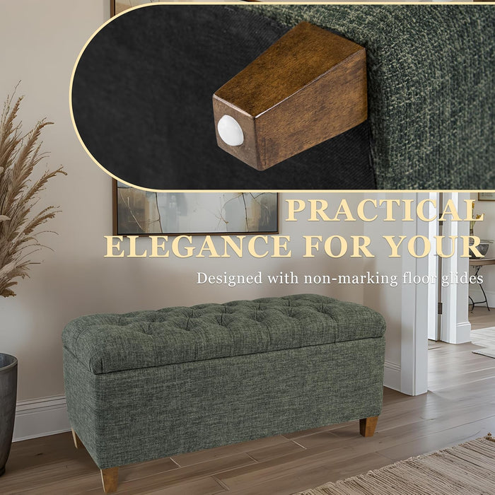 Home Decor Tufted Ainsley Button Storage Ottoman Bench with Hinged Lid Ottoman Bench with Storage for Living Room & Bedroom, Green Clover Fabric