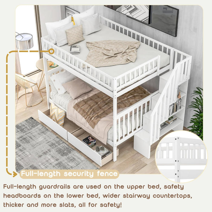 Full Over Full Bunk Bed GrayStairsWithDrawersStorageSystem