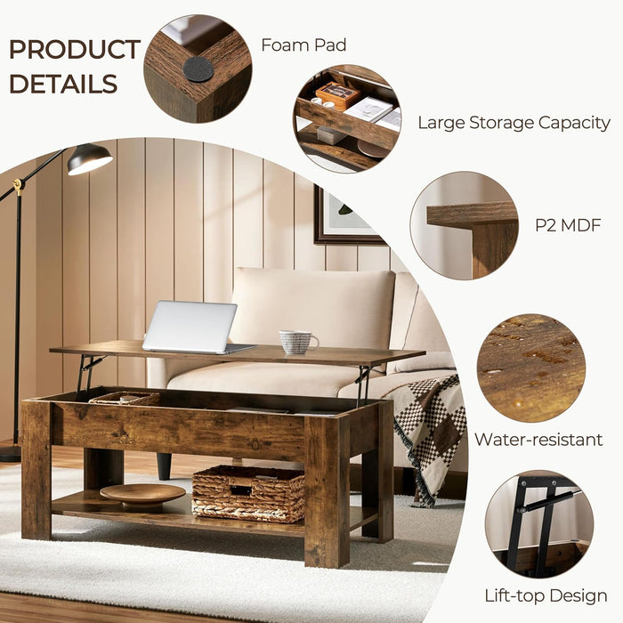 Coffee Table, 47.5In Lift Top Coffee Table with Hidden Compartment and Storage Shelf, Lift Tabletop Dining Table for Living Room Reception Room, Rustic Brown