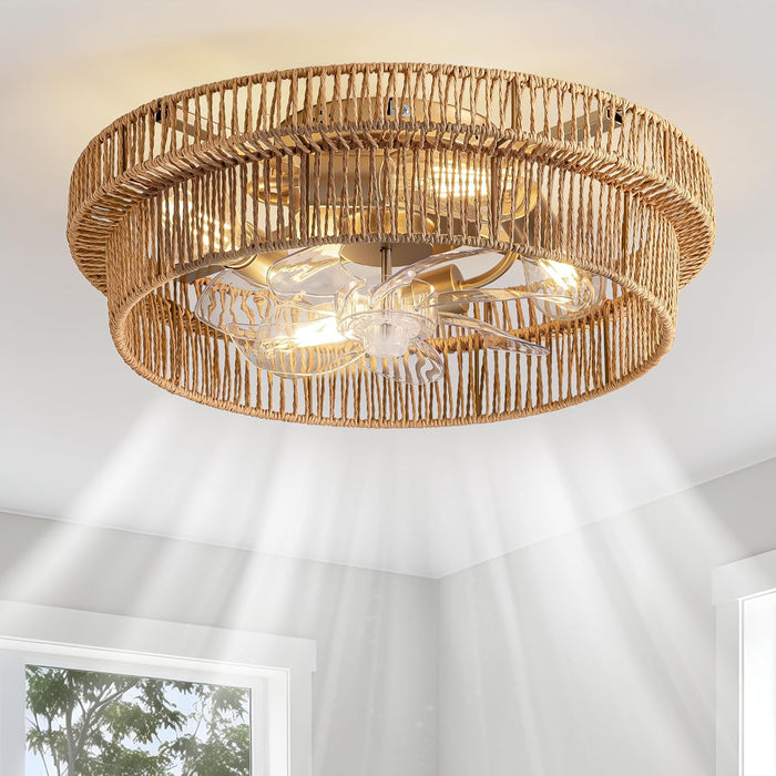 Rattan Boho Ceiling Fan with Light Flush Mount, 20 Inch Caged Ceiling Fans with Light and Remote Control, Low Profile Enclosed 6 Speeds for Bedroom, Nursery, Living Room, E26 Base (Brown)