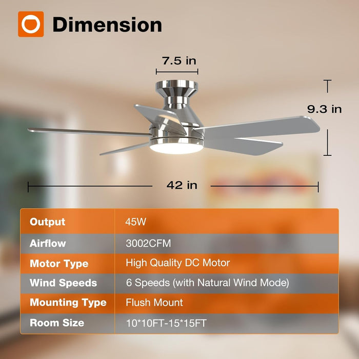 Ceiling Fans with Lights, 42 Inch Low Profile Ceiling Fan with Light and Remote Control, Flush Mount, Reversible, 3CCT, Dimmable, Quiet, Nickel Small Ceiling Fan for Bedroom Indoor/Outdoor Use