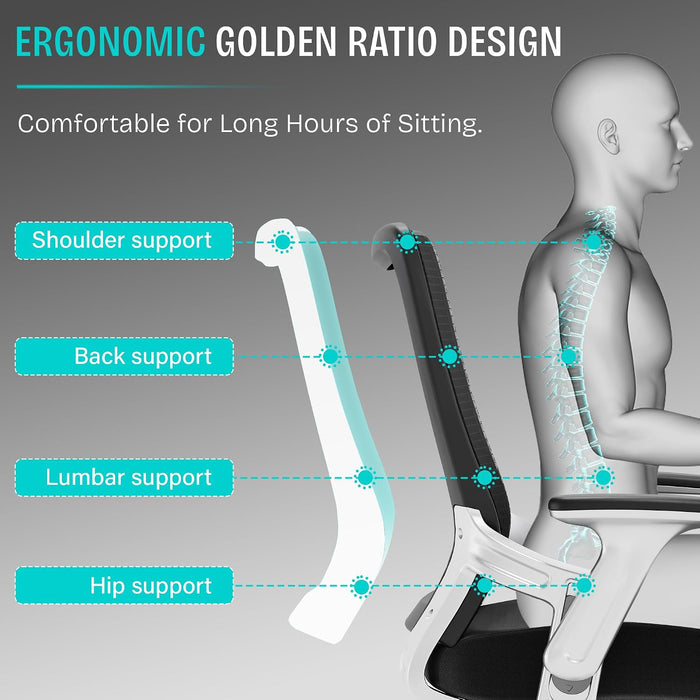 Office Chair, Ergonomic Computer Desk Chair, Sturdy Executive Task Chair - Adjustable Lumbar Support, Flip-Up Arms, Tilt Function, Comfy Wide Seat, Swivel Mesh Home Office Desk Chairs (Black)