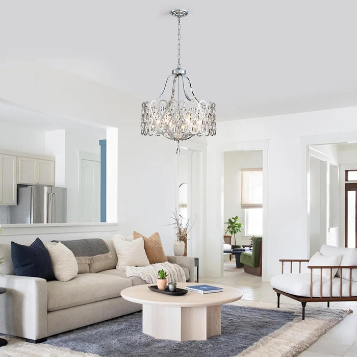 21.7" Chrome Chandelier for Dining Room over Table round Crystal 5-Light Hanging Pendant Lighting with Metal Shade Adjustable Height for Living Room Bedroom Foyer