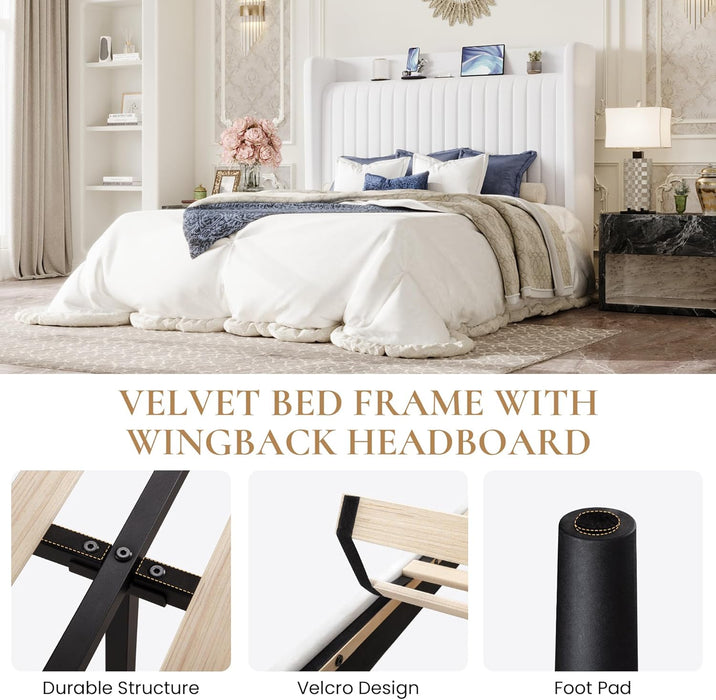 Queen Size Velvet Bed Frame with USB Charging Station, Wingback Storage Headboard, Upholstered Platform Bed with Wooden Slats Support, No Box Spring Needed, Easy Assembly, White