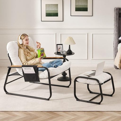 Beige Upholstered Lounge Chair With Ottoman Footrest