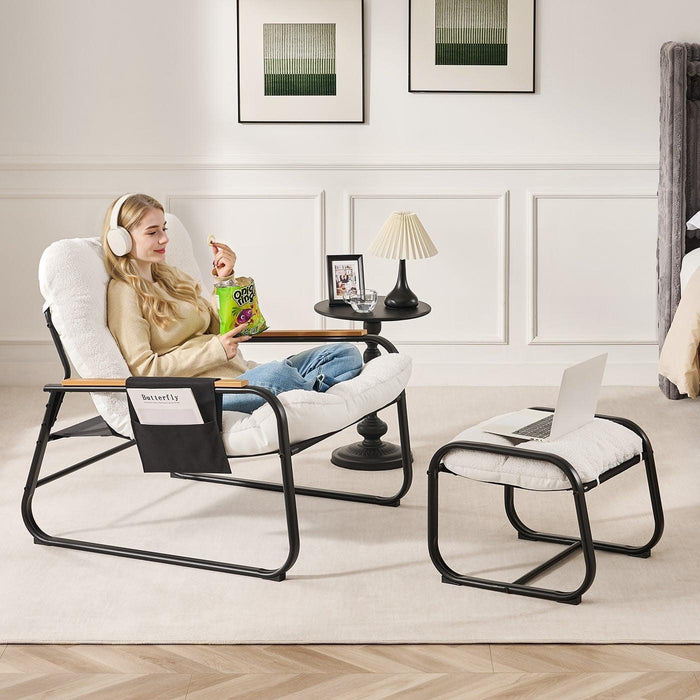 Beige Upholstered Lounge Chair With Ottoman Footrest