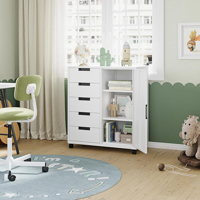 White Five-Drawer Movable Storage Cabinet For Home